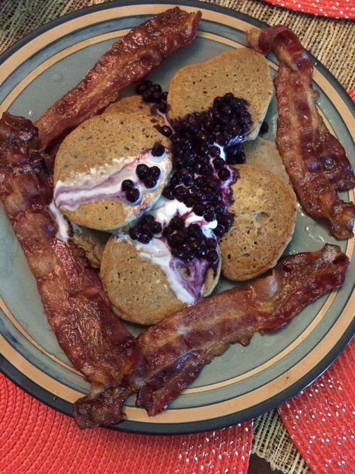 #organic #bacon Coconut cream and Blueberry sauce on top of buckwheat pancakes oh and my #booty both