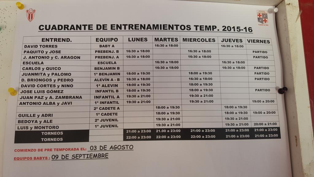 Cuadrante de entrenamientos para la próxima temporada