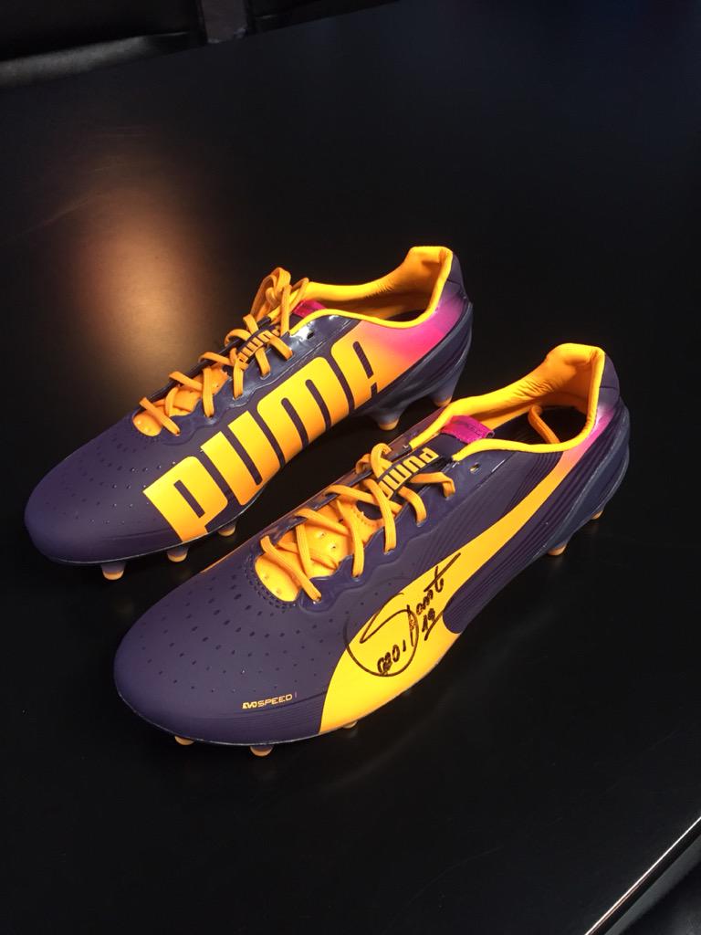 This Saturday's charity memorial game raffle top prize is his pair of Santi Carzola's signed Puma boots!!!