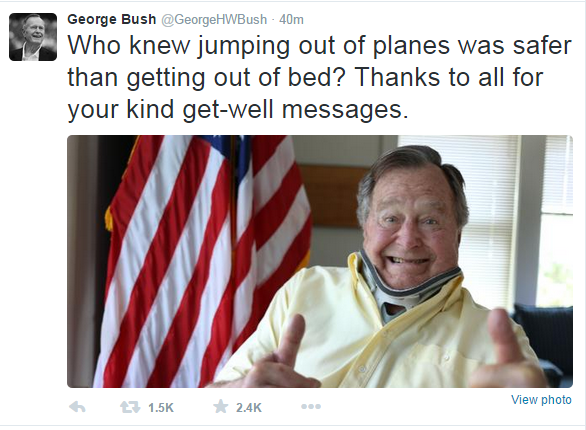 FoxNews's tweet photo. Former President George H.W. Bush is back home, and he thanked people for their well-wishes in a humorous tweet. http://t.co/n2vElj4VIZ