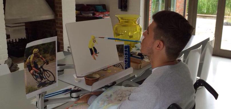 henryfraser0's tweet image. Only able to paint using my mouth, my latest painting.

This time it&apos;s two time Tour de France winner @chrisfroome.