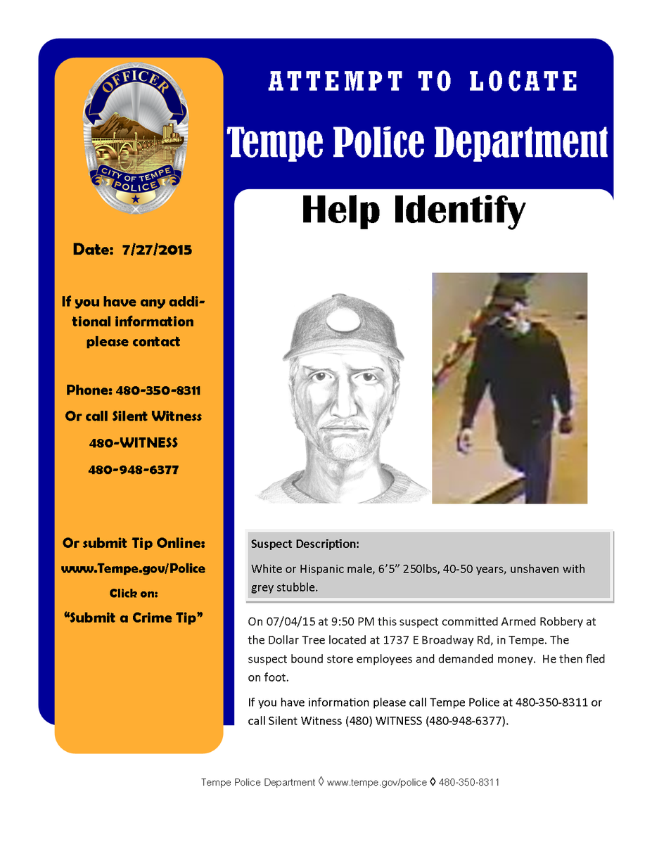 TempePolice's tweet photo. Know this Armed Robbery suspect? If so call 480-WITNESS or @TempePolice at 480-350-8311 Let's get him caught! http://t.co/otGql1D7A1