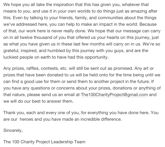 the100charity's tweet photo. An important message from us to all of you. Keep being heroes. We love you. http://t.co/xkgFO9Vw8W http://t.co/xqs3I7LQlu