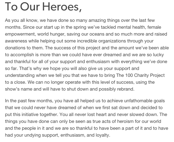 the100charity's tweet photo. An important message from us to all of you. Keep being heroes. We love you. http://t.co/xkgFO9Vw8W http://t.co/xqs3I7LQlu