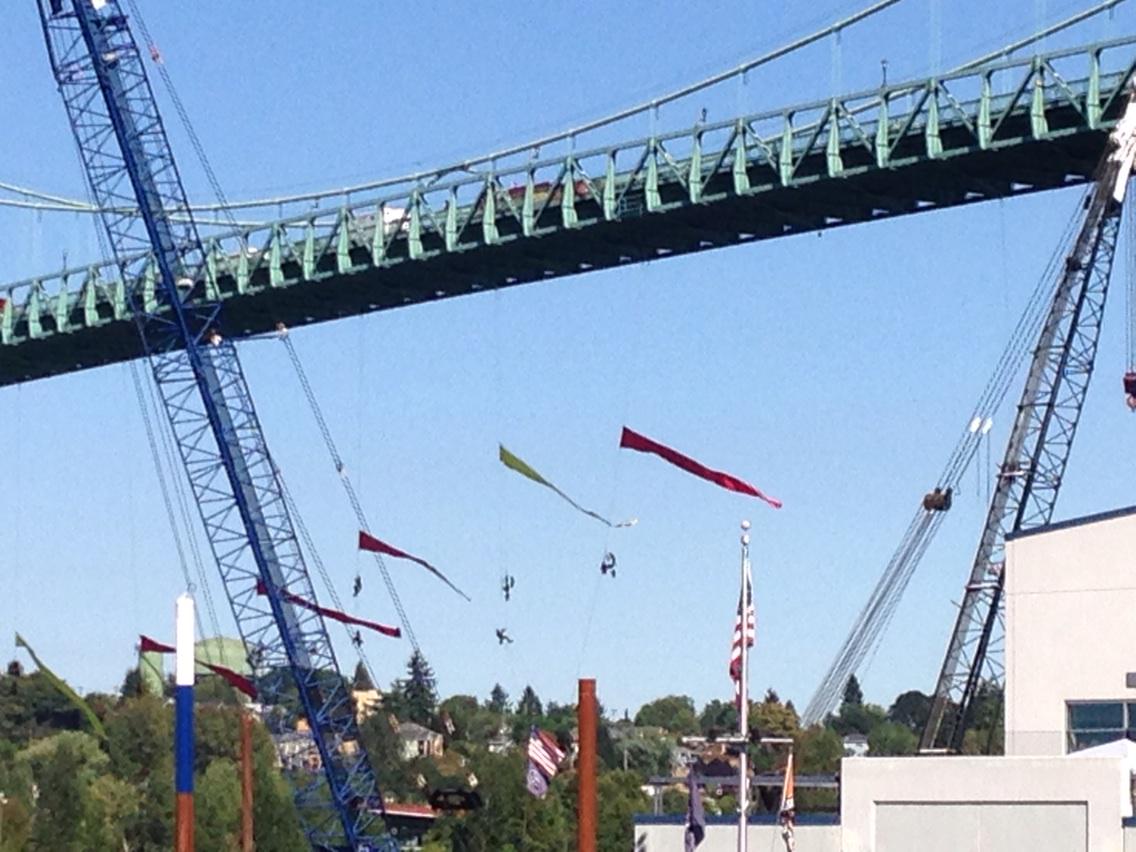 KelseyWattsPDX's tweet image. Out view of the #ShellNoPDX protesters hanging off the #StJohnsBridge from the west end. @fox12oregon