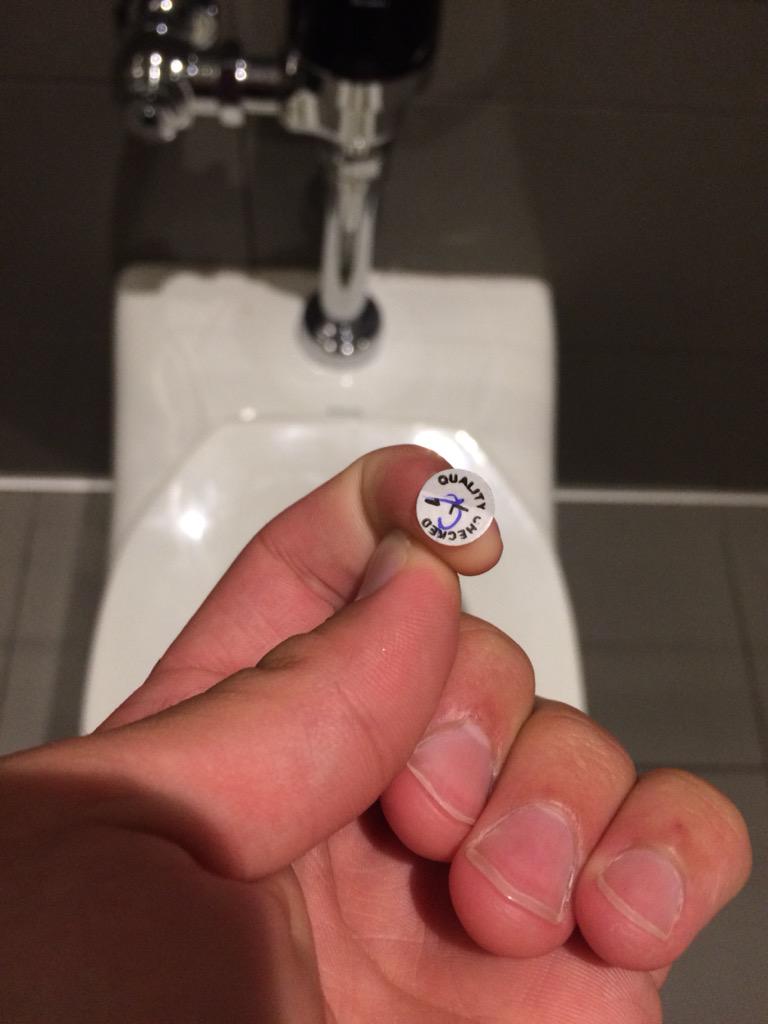 NotFinny's tweet photo. I swear to god I dont know how but this sticker was on the shaft of my penis when I just went to wizz #qualitychecked http://t.co/GaVb5sKIxQ