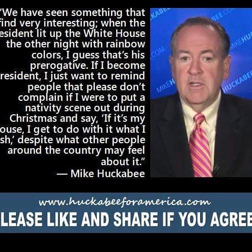 RhondaSWatkins's tweet photo. #imwithhuck BC I would LOVE 2 see the nativity scene outside of the WH instead of a rainbow colored light show! #ccot http://t.co/V3Ymvn58o0