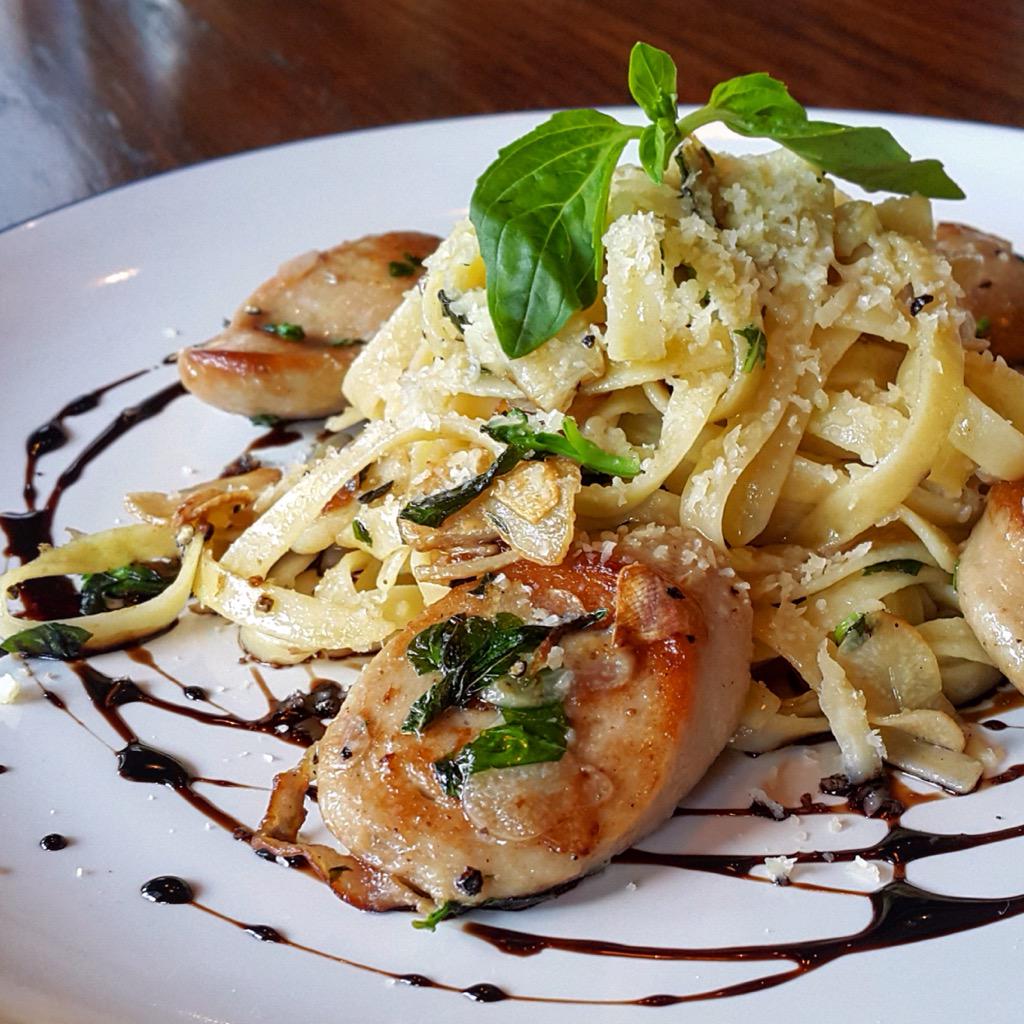 Fettuccine Bratwurst -- Good food is a must.. // New addition to our delish menu.. 👍