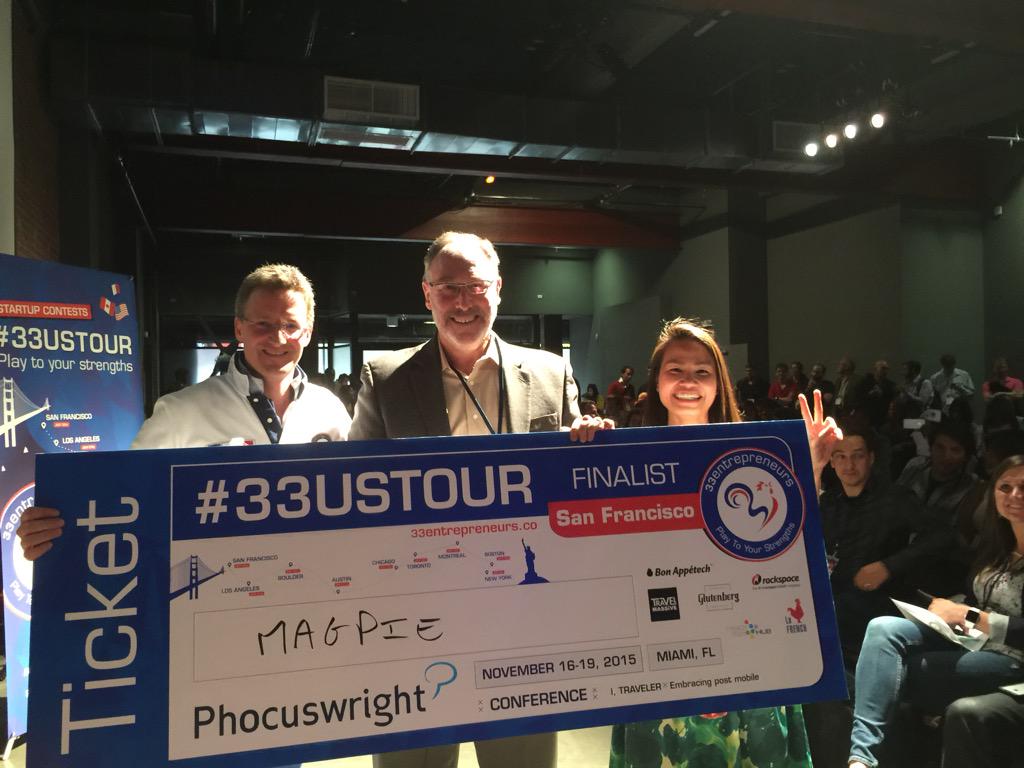 33entrepreneurs's tweet photo. Warm congratulations to @GetMagpie who holds the 1st #33UStour #SF @Phocuswright #TravelTech prize award. http://t.co/xhYmovy7kN