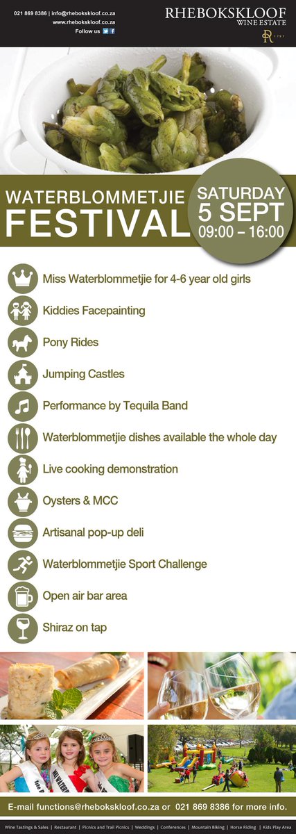 Diarise 5 September for the annual Waterblommetjie Festival at <a href="/rhebokskloof/">Rhebokskloof Estate</a>.