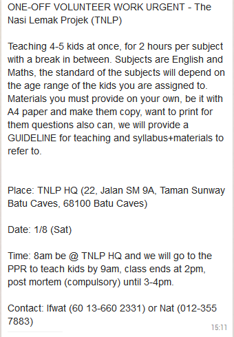 n4vin's tweet photo. URGENT - VOLUNTEERS NEEDED for The Nasi Lemak Project.
Tomorrow 8am to 4pm. Please RT
#TNLP http://t.co/AfQL6FpEro