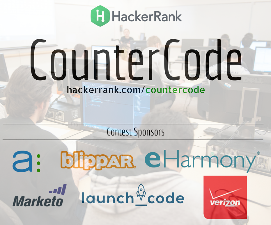 hackerrank's tweet photo. Register for #CounterCode: http://t.co/aClJjfP3tc [Sponsors @asana @blippar @eHarmony @Launch_Code @marketo @Verizon] http://t.co/P7U16dtMUU