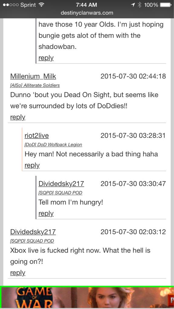 DoDFightClub's tweet photo. A comment on the @DestinyClanWars site... Lol @dadsofdestiny #dodstrong http://t.co/5v27Xukioh