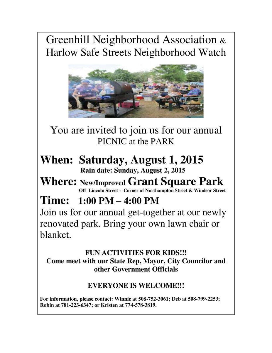 Green Hill Neigh. Assoc. &amp; Harlow Safe Streets Neigh. Watch Picnic at Park, tomorrow, 1-4 pm ow.ly/d/3yYc