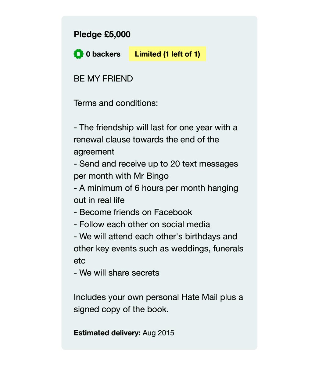 There is 57 hours left to buy my friendship. You may never get another chance to do this.
kickstarter.com/projects/mrbin…