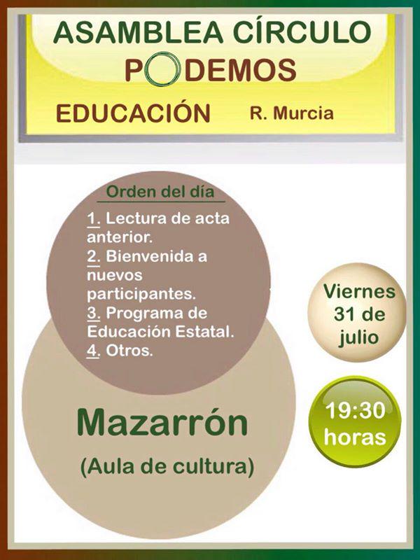podemosmurcia's tweet photo. A las 19.30,en aula Cultura de #Mazarrón, Asamblea Círculo Educación RM. Tema: la #Educación en el #ProgramaDelCambio http://t.co/JBdAjHkqaW