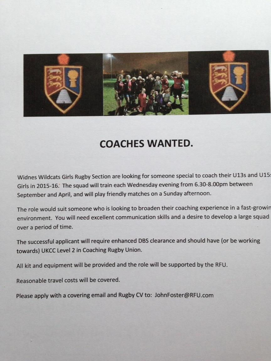 U13 &amp; U15 girls Coaches req'd <a href="/TheWidsRUFC/">Widnes RUFC</a> for 2015-16 Interested? DM me for deets. #growthegame