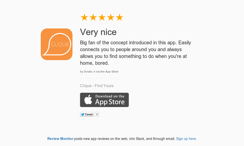 FindYourClique's tweet photo. 5 Star Review "Very nice: Big fan of the concept introduced in this app. Easily connects yo…" https://t.co/fkoWzhDHkq http://t.co/OTTM7urJ3z