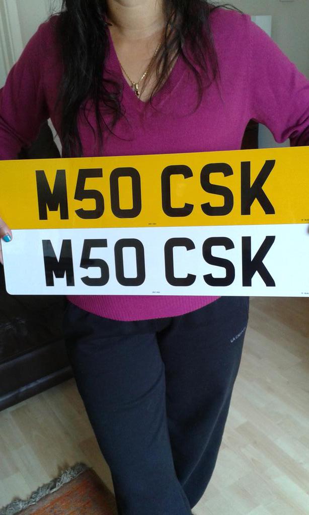 marikaCSKNo1Fan's tweet photo. @ChennaiIPL @russcsk My new number plates that I got for my bday today from my family :-) #SaveCSK http://t.co/1RJvEiR5Uf
