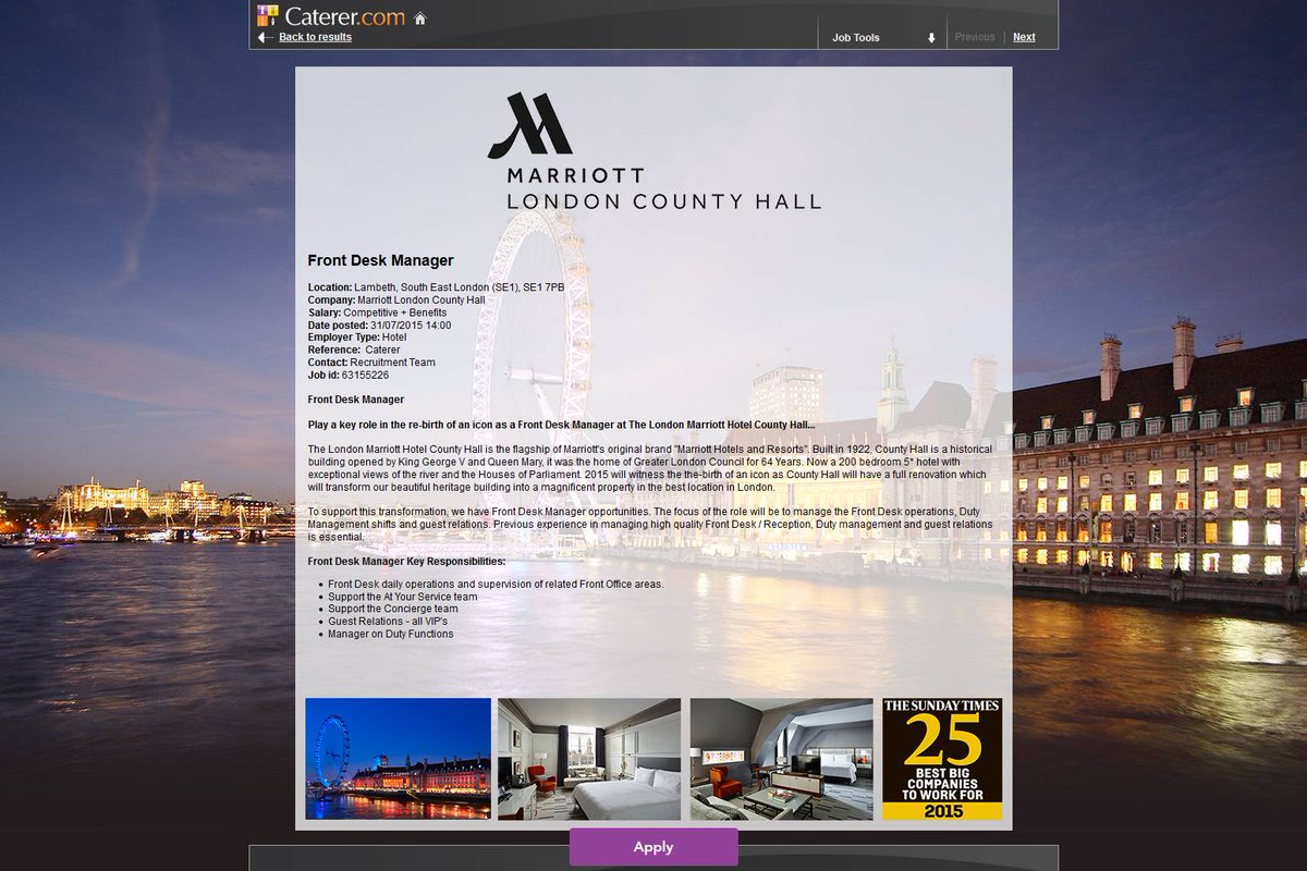Roy_HarriUK's tweet image. Wow! Look @CountyhallLDN @MarriottCareers new-look best in class ad for #FrontDeskManager job bit.ly/1VRgDee