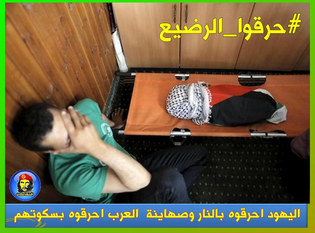 صورة الرضيع محروقا كفنة علم فلسطين :اليهود احرقوه بالنار  #حرقوا_الرضيع