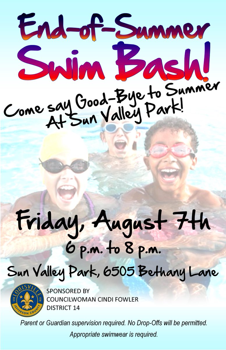 CWCindiFowler's tweet image. REMINDER! NEXT Friday, August 7th from 6p-8p, Join us for the "End-of-Summer Swim Bash!" at #SunValley
#D14 #SWLou