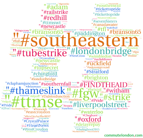 commuteldn's tweet photo. The top Tweeted #hashtags to train operators in July. #southeastern #tubestrike #londonbridge #ttmse #thameslink http://t.co/6gW9GM5Hbz
