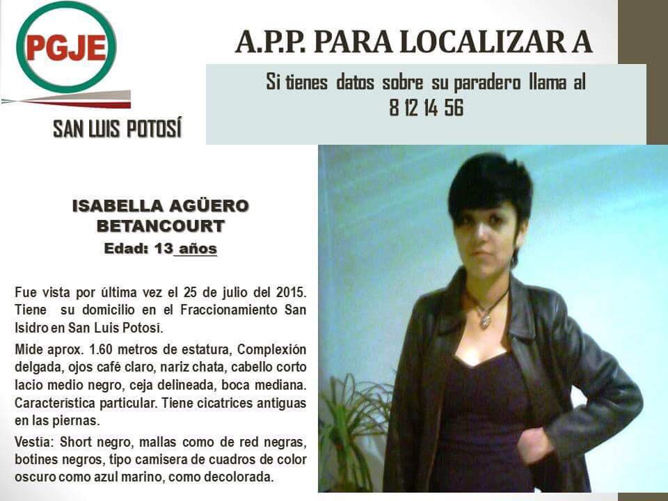 @PGJE_SLP: AÝUDANOS A ENCONTRAR A ISABELLA AGÜERO #RT #SLP