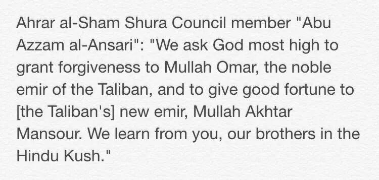 AhrarŞam Şura meclisinden Ebu Azzam Ensari Molla Ömer'e  rahmet diledikten sonra Molla Mansur'a başarılar diledi.