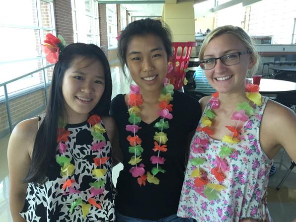 ORHS Student Council hosting Aloha Luncheon for teachers. Jessica Ford,Chen Chen Zhang, Melissa Yuan officers.