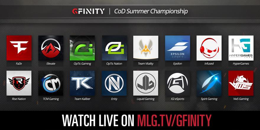 MLG's tweet photo. In 1 hour the @Gfinity #CoDSummerChamps begins! 

Watch teams compete for $100,000 on http://t.co/wcsT6xZ929 http://t.co/GPVS4BBiTu
