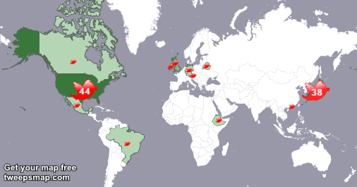 My followers live in USA (44%), Japan(38%)... Get your free map too: tweepsmap.com/!SpiritInABox