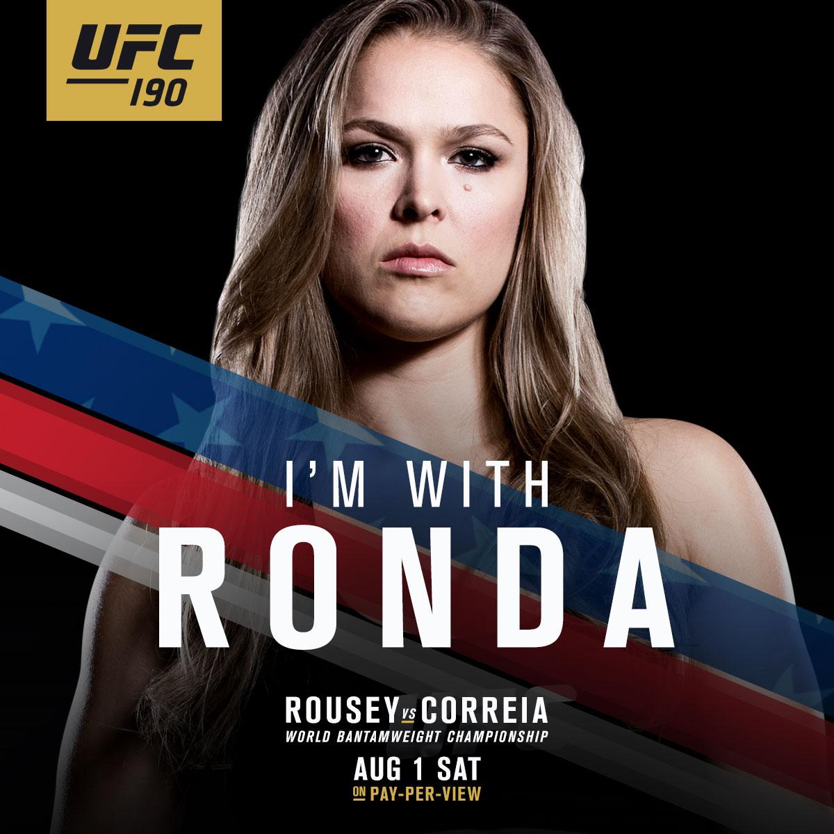 UFC_CA's tweet photo. #UFC190
RT if you're on Team @RondaRousey
Saturday, August 1 | 10pm ET Live on Pay-Per-View http://t.co/h1lIijnvjz