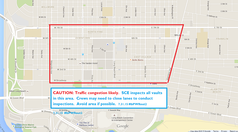 LongBeachCity's tweet photo. Traffic.. @SCE inspecting vaults 7th to Broadway, Magnolia to Alamitos. Plan accordingly. #lbPWRout2 http://t.co/cScr28Vge4