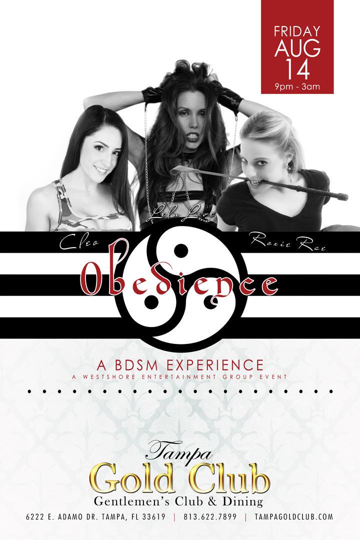 TampaGoldClub's tweet photo. 2 weeks away
@westshoreeg presents OBEDIENCE, 
a #BDSM Experience w hosts
@Roxie_Rae @ItsCleoLive @lelulovexo http://t.co/XdCVFUn7c0