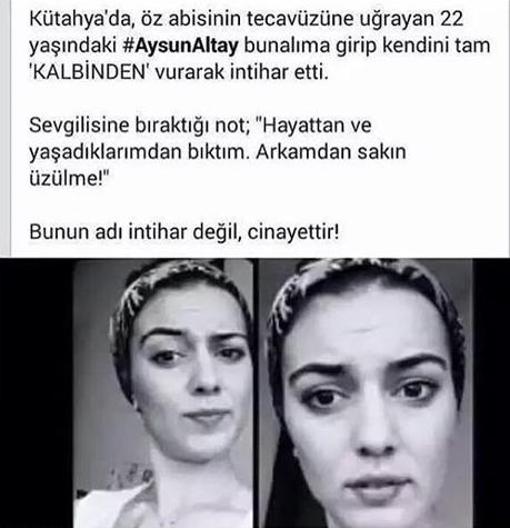 Bir abi nasıl olurda baba yarısı olması gerekirken şerefsiz olamayı beceriyor? 
#AysunAltay 
#intihardegilcinayet