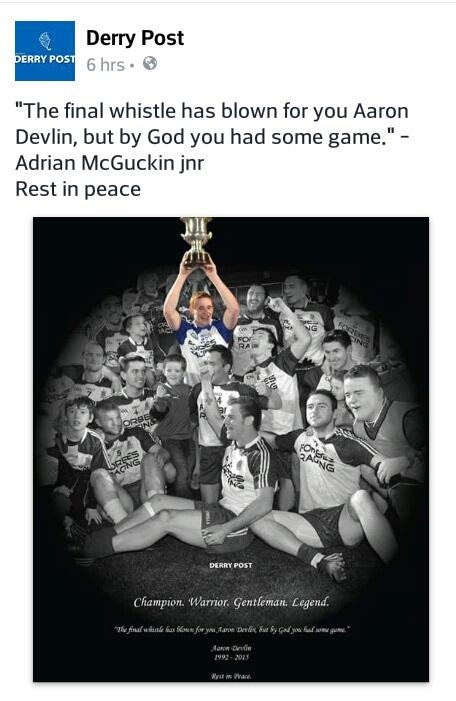 theplunkettsgac's tweet photo. We would like to extend our deepest sympathy to Aaron's family, friends and everyone @BallinderryGAC. RIP
#GAAFamily http://t.co/cCA23dJwVi