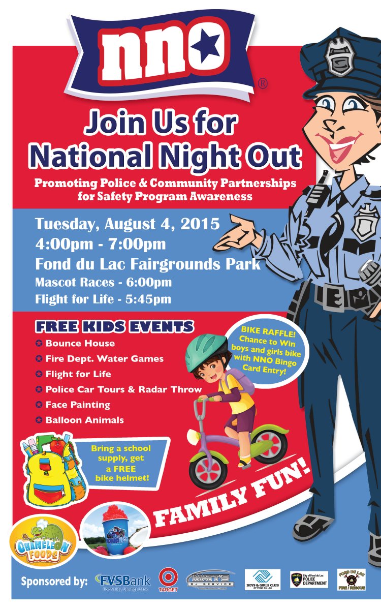 EnvisionFDL's tweet photo. August 4th is "National Night Out," a FUN evening aimed at promoting police and community partnerships. Join us! http://t.co/k7lapFqXBF