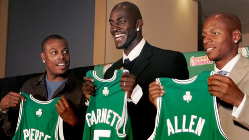 espn's tweet photo. On this date in 2007, the Celtics acquired Kevin Garnett. Less than a year later, Boston's Big 3 won a title. #fbf http://t.co/K5mUIk44AK