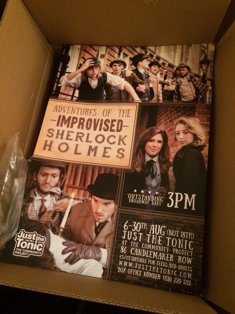 improvsherlock's tweet photo. Our #edfringe2015 posters are here! We were worried when the mysterious cardboard box arrived #susancushing http://t.co/8QaOV1xe8S