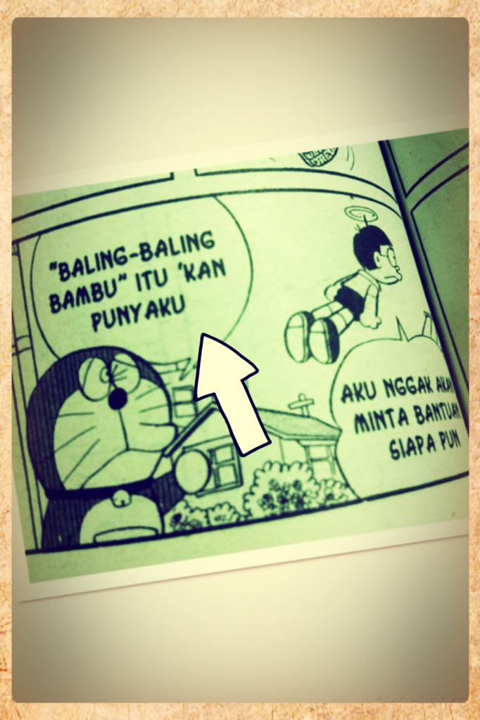 Bahasa_DoraBot's tweet photo. Baling Baling bambu 「タケコプター」(takekoputa)

誰からの助けも要らないと言いつつタケコプターを借りるのび太。

＊Baling Baling プロペラ
＊bambu竹 https://t.co/0OMTeM9IKg