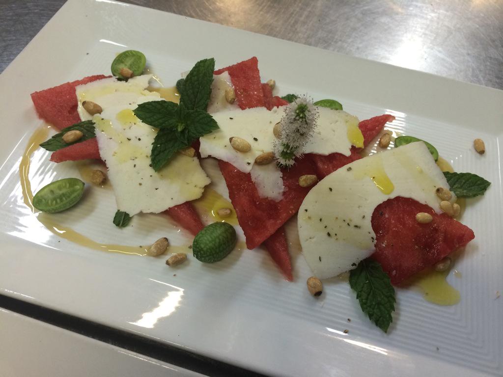 OneBlockWest's tweet image. Another watermelon salad: ricotta salata, honey, EVOO, mint, cucamelons, pine nuts. #livefromobw