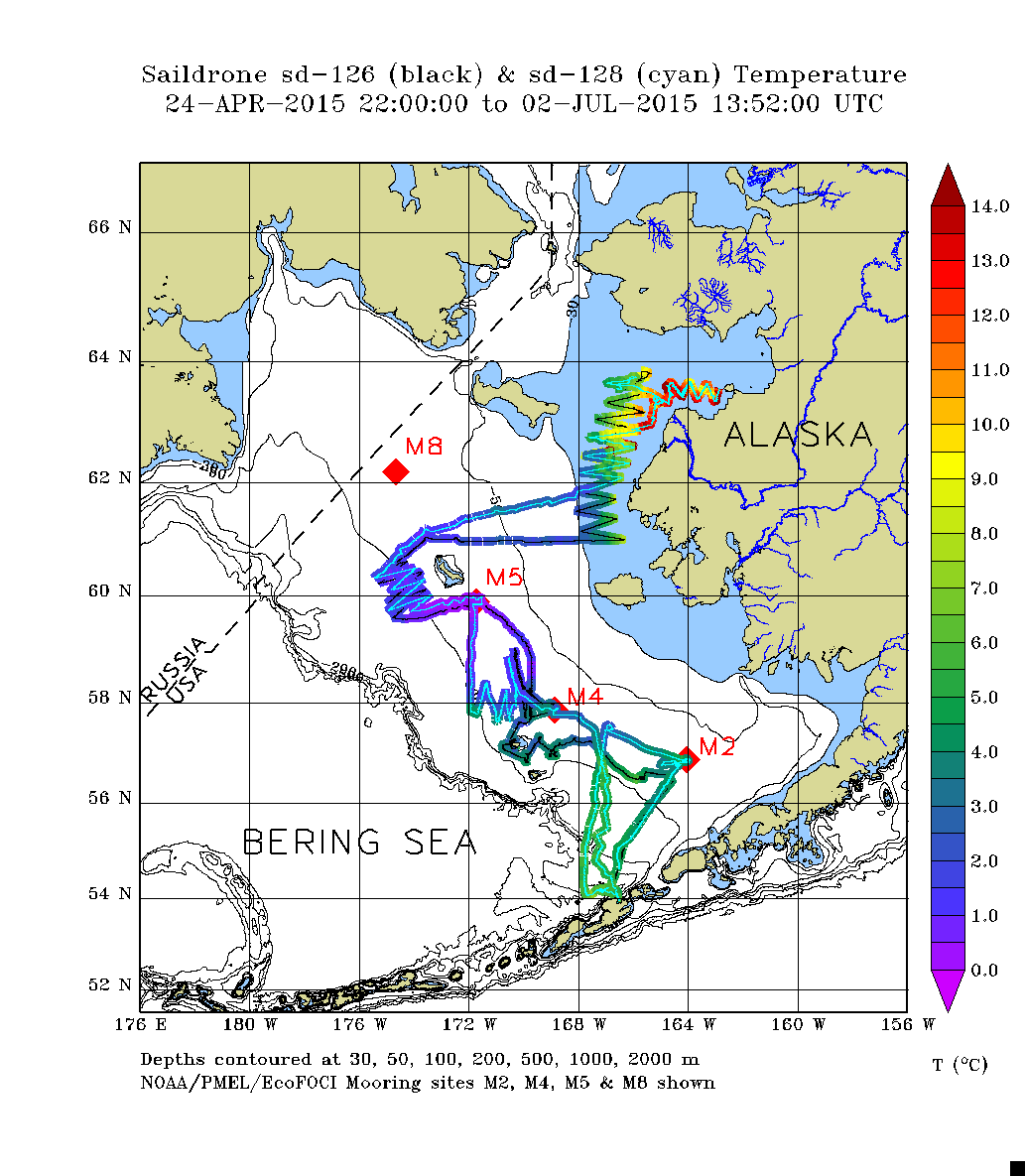 Sea temperatures measured throughout the Bering Sea by two saildrones. Courtesy NOAA/PMEL.