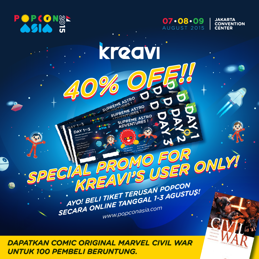 Popcon_inc's tweet photo. Gunakan email yang kamu pakai di akun @kreavi untuk memesan tiket. Satu akun hanya bisa memesan max.5 tiket http://t.co/pRwBjYdqqI