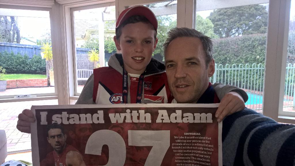 DaveFreemantle's tweet photo. Making a stand for Adam... now we're off to see the Dees beat Collingwood! http://t.co/MKKv8k7Yy3