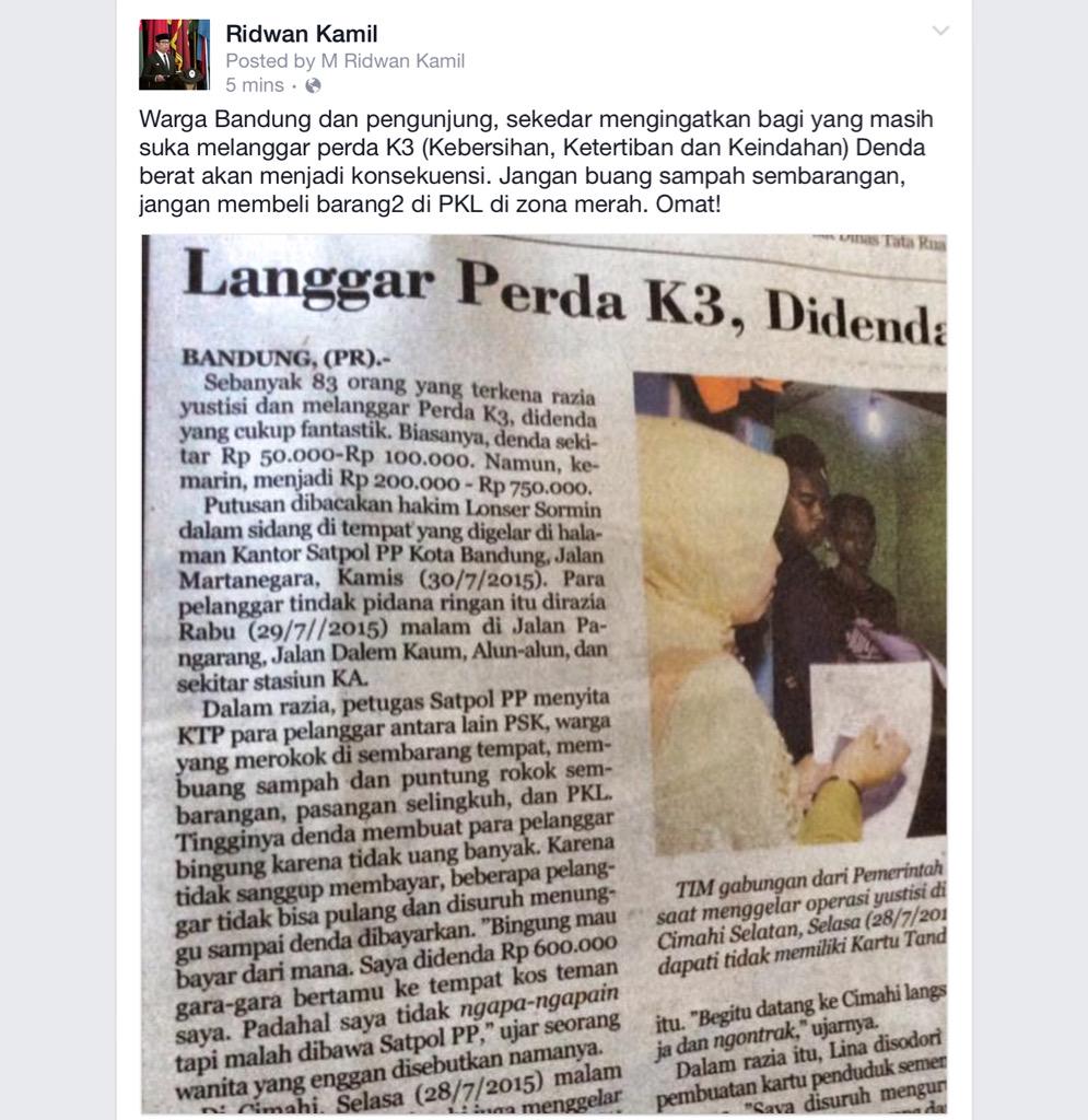 Denda berat bagi pelanggar perda K3 di Bdg. Jgn buang sampah sembarangan. JGn beli barang PKL di zona merah. Omat.