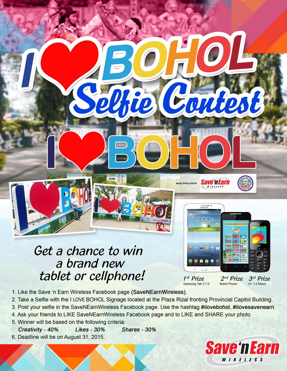 SnESalesInc's tweet photo. Join now on our I LOVE BOHOL SELFIE CONTEST. For the full mechanics; click here: http://t.co/x4n4W5WxXY http://t.co/yexaxJLIMC