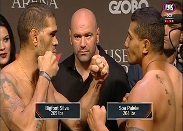 brettbonetti's tweet photo. Soa "The Hulk" Palelei vs Antonio "Bigfoot" Silva #UFC190 Weigh In https://t.co/wTbFNdxWlS … #UFC #HulkTalk http://t.co/wNvp5aLRuN