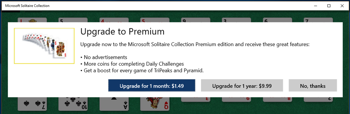 mikko's tweet photo. The Solitaire in Windows 10 asks for in-app purchases.
In-app purchases are killing gaming. http://t.co/8nQPDECMox