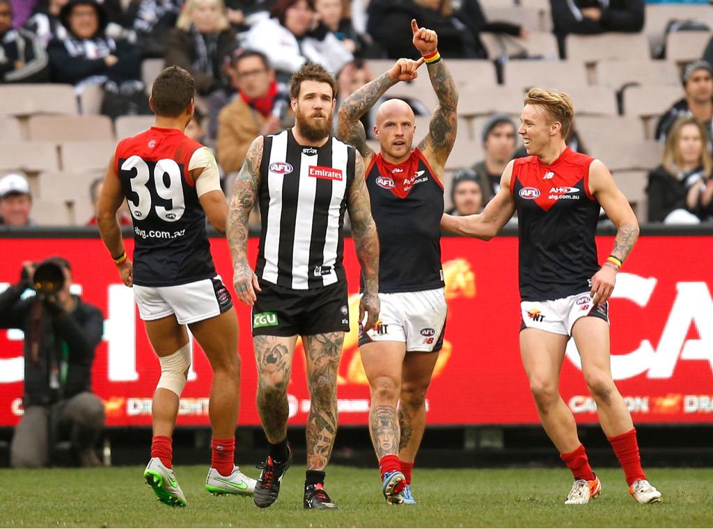 melbournefc's tweet photo. The skipper @nathan2jones celebrates his goal in today's win. #AFLMANYCOLOURS http://t.co/qphD4BVBVB